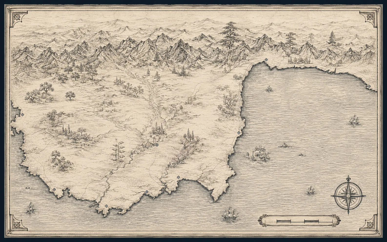 Heritage engraving of the Antalya and Lycia coast — the Taurus range above a wide gulf, the Lycian peninsula to the southwest.